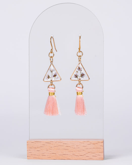 Handmade Gold-Plated Triangle Earrings with White Flowers & Pink Tassels - Earrings - VJ Designs