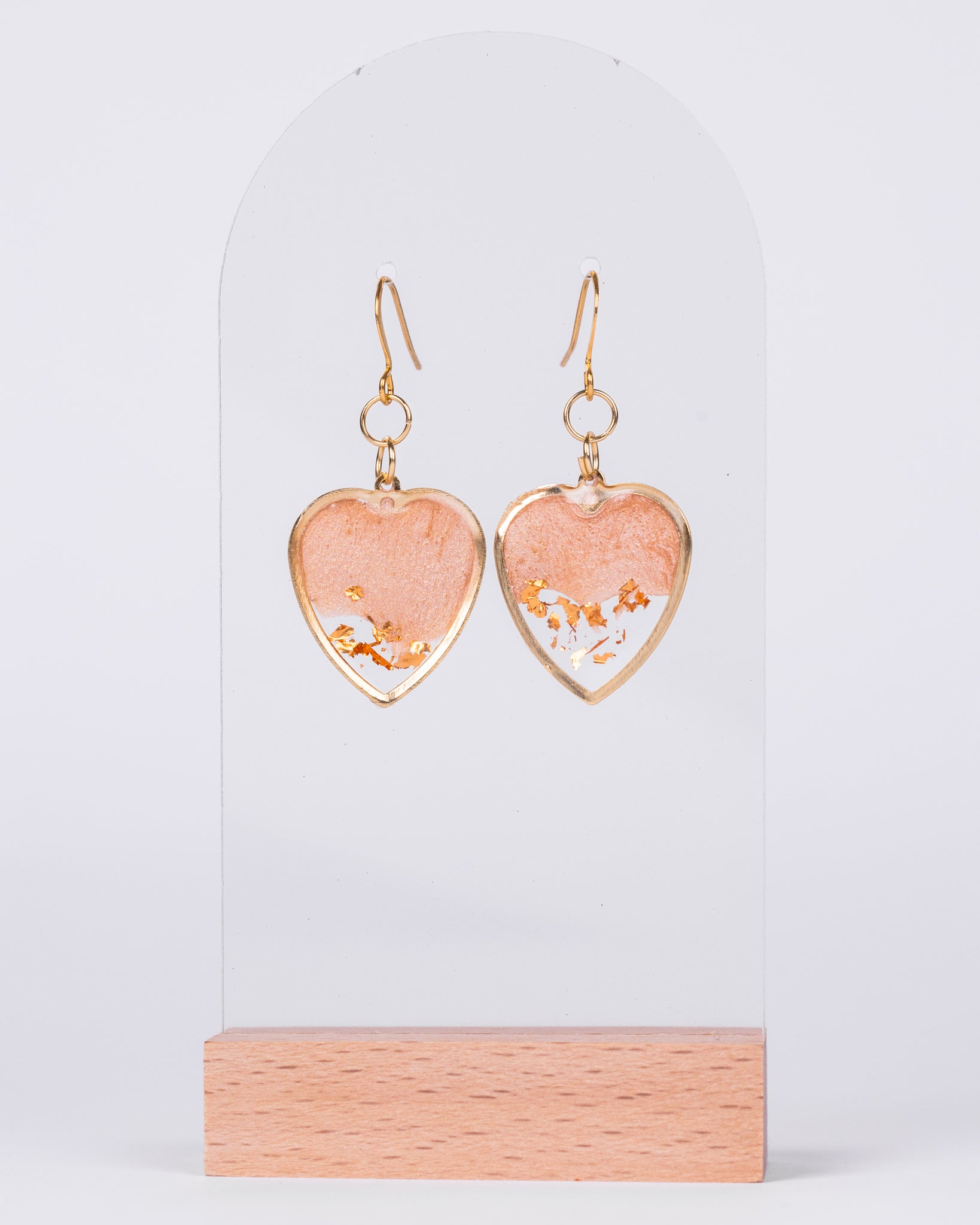 Personalised gold-plated beige heart-shaped earrings with rose gold accents - Earrings - VJ Designs