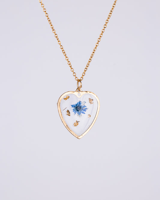 Gold-plated heart-shaped necklace with a blue flower - Necklace - VJ Designs