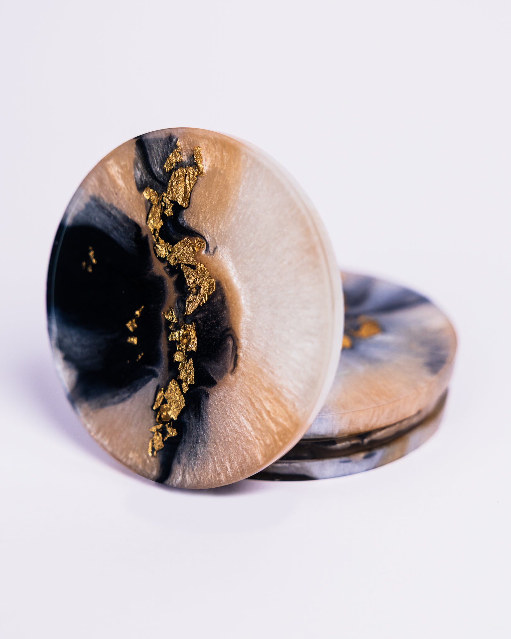 Personalised beige and black resin coasters with gold flakes - VJ Designs