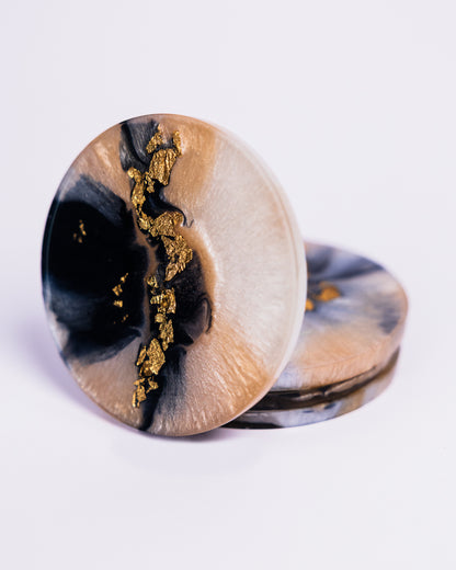 Personalised beige and black resin coasters with gold flakes - VJ Designs