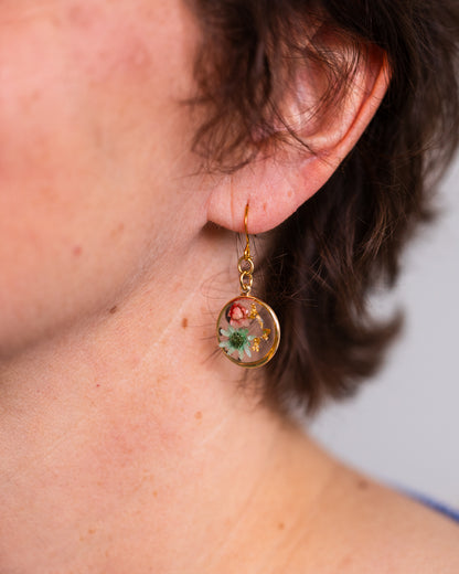 Handmade Gold-Plated Floral Earrings with Pink & Mint Flowers - Earrings - VJ Designs