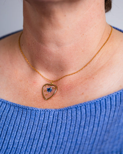 Gold-plated heart-shaped necklace with a blue flower - Necklace - VJ Designs