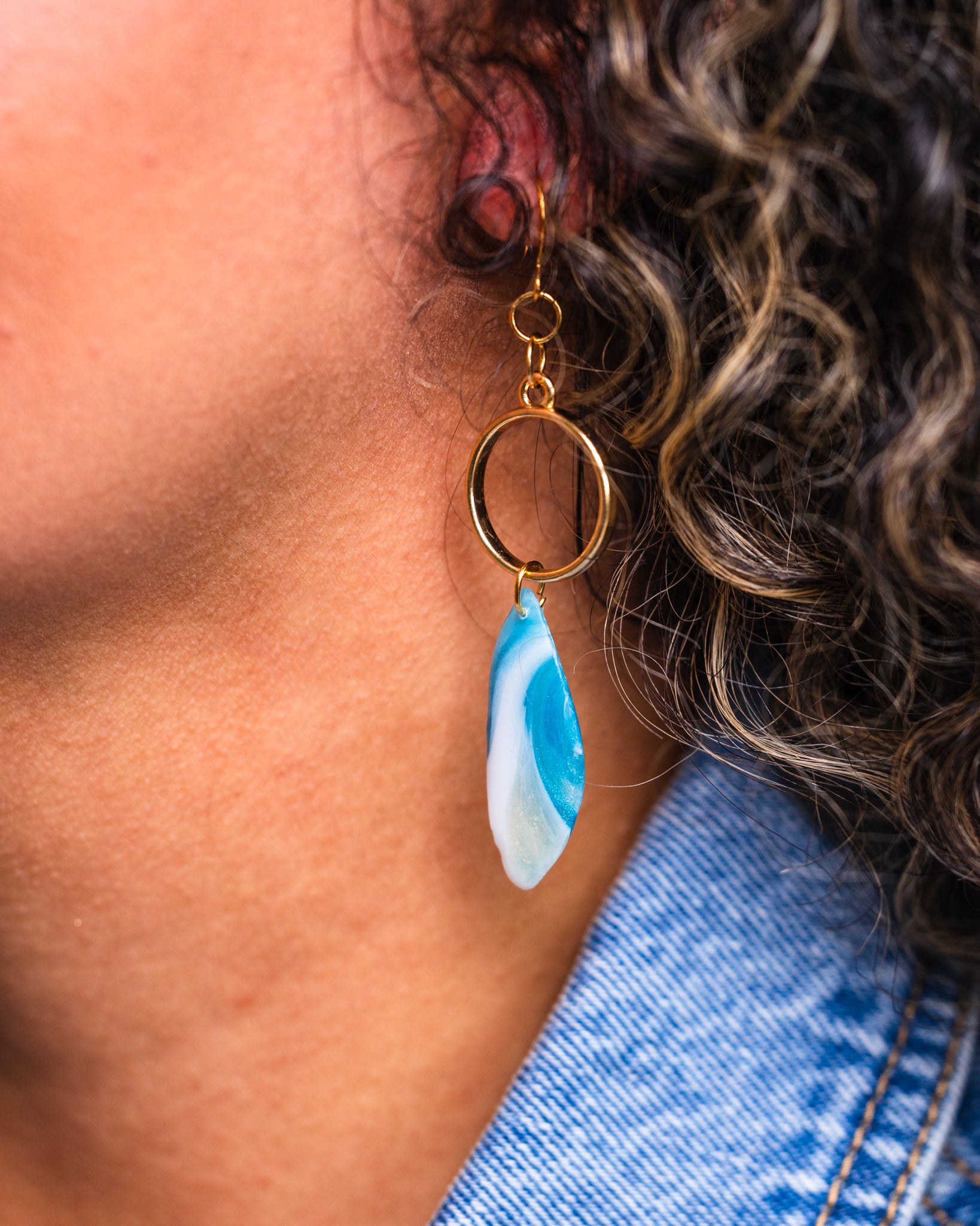 Gold-plated ocean Resin Earrings with Pearlescent Swirls – Handmade Statement Jewellery - Earrings - VJ Designs