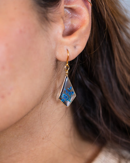 Handmade Gold-Plated Diamond-Shaped Earrings with Blue Flowers - Earrings - VJ Designs