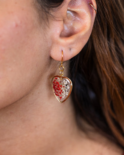 Handmade gold-plated clear heart-shaped earrings with red flowers - Earrings - VJ Designs