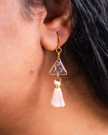 Handmade Gold-Plated Triangle Earrings with White Flowers & Pink Tassels - Earrings - VJ Designs