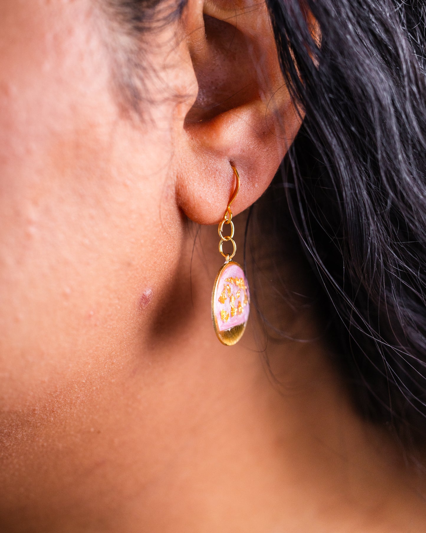 Handmade gold-plated pink round earrings with gold accents - Earrings - VJ Designs