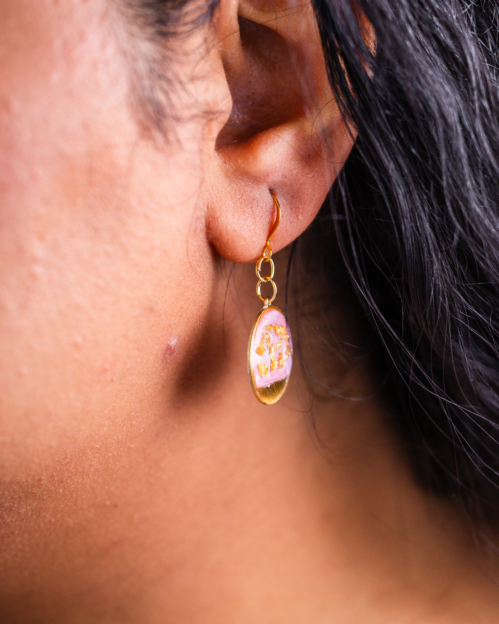Handmade gold-plated pink round earrings with gold accents - Earrings - VJ Designs