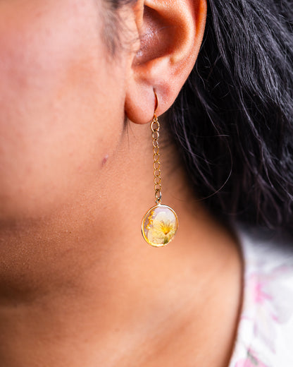 Gold-plated long dangle earrings with genuine yellow flowers - Earrings - VJ Designs
