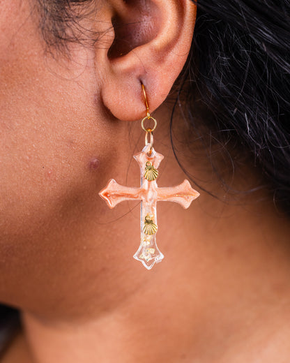 Personalised gold-plated beige cross earrings - Earrings - VJ Designs