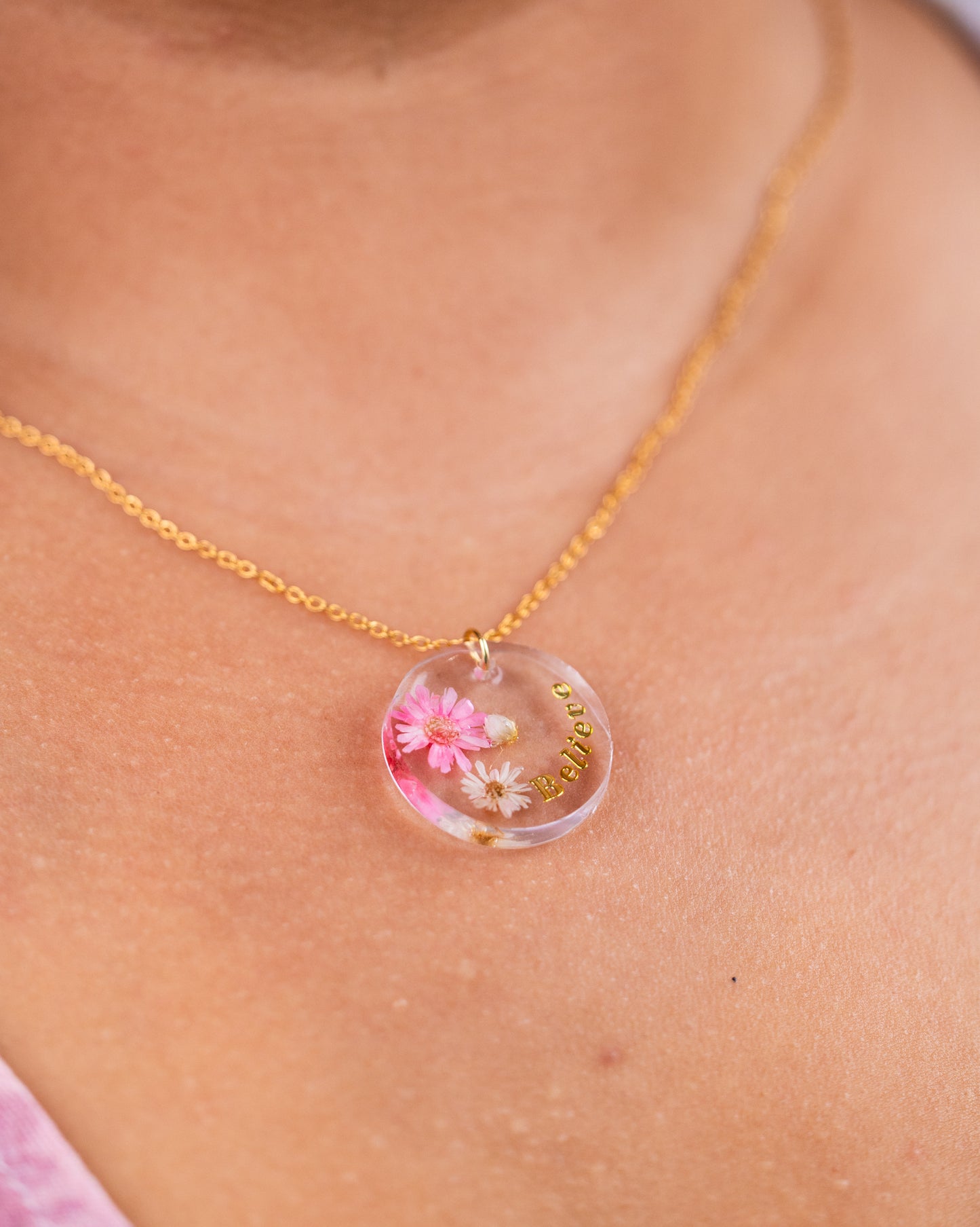 Personalised Gold-Plated Resin Necklace with Real Dried Flowers - VJ Designs