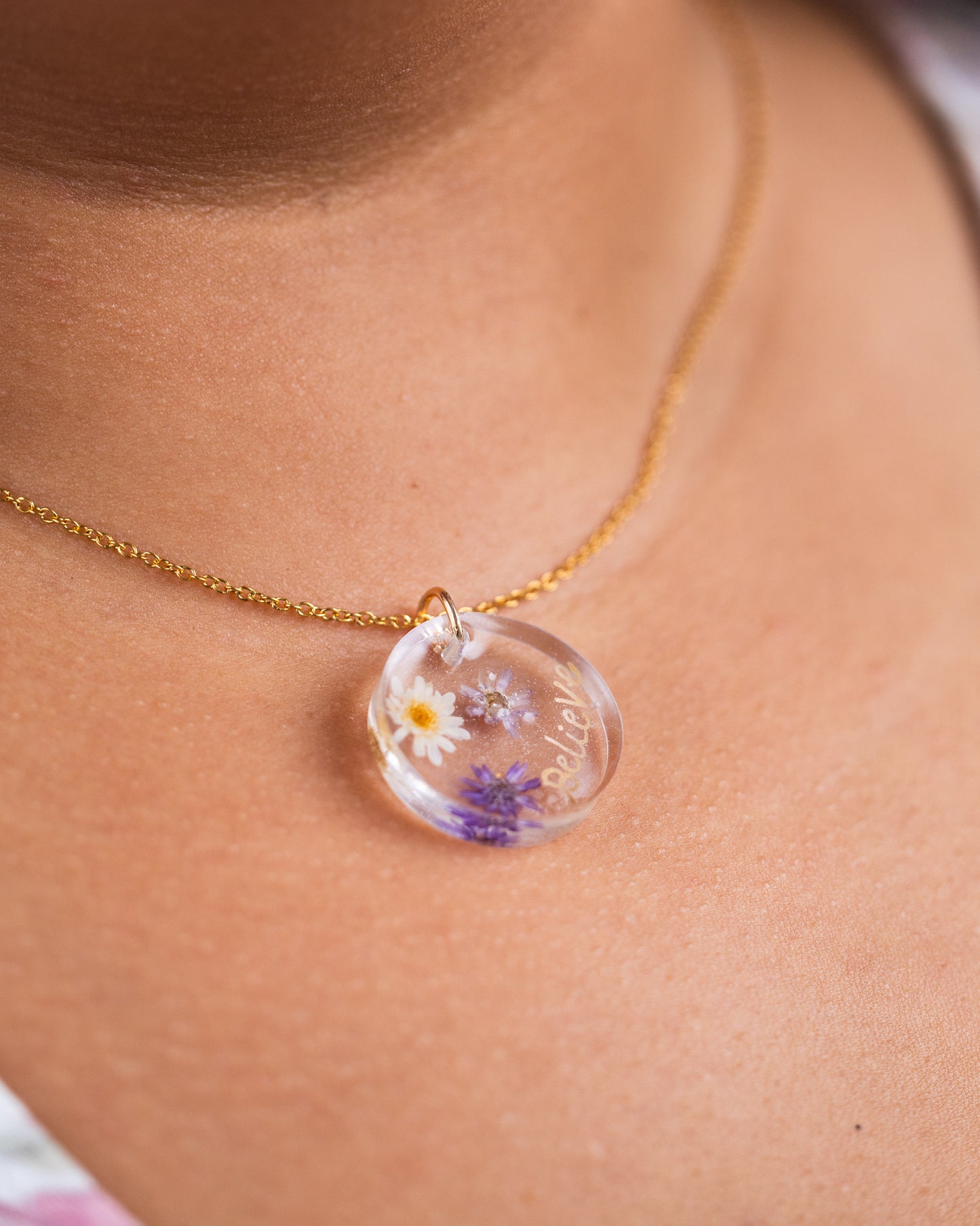 Personalised Gold-Plated Resin Necklace with Real Dried Flowers - VJ Designs