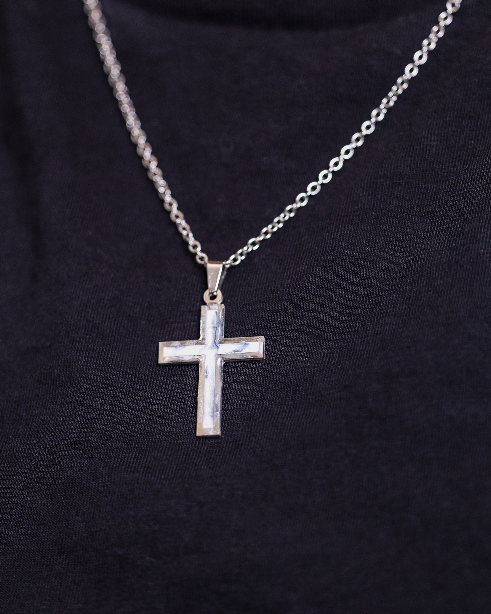 White marble stainless steal cross necklace for men - Jewellery set - VJ Designs