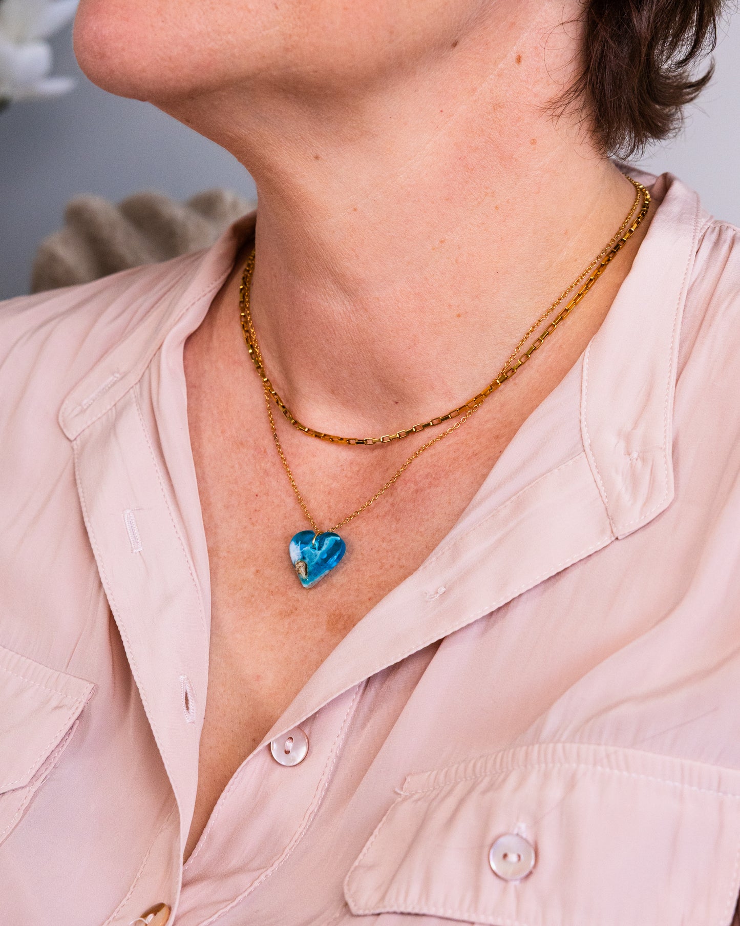 Personalised Gold-Plated Heart Necklace – Ocean Resin Design - Necklace - VJ Designs
