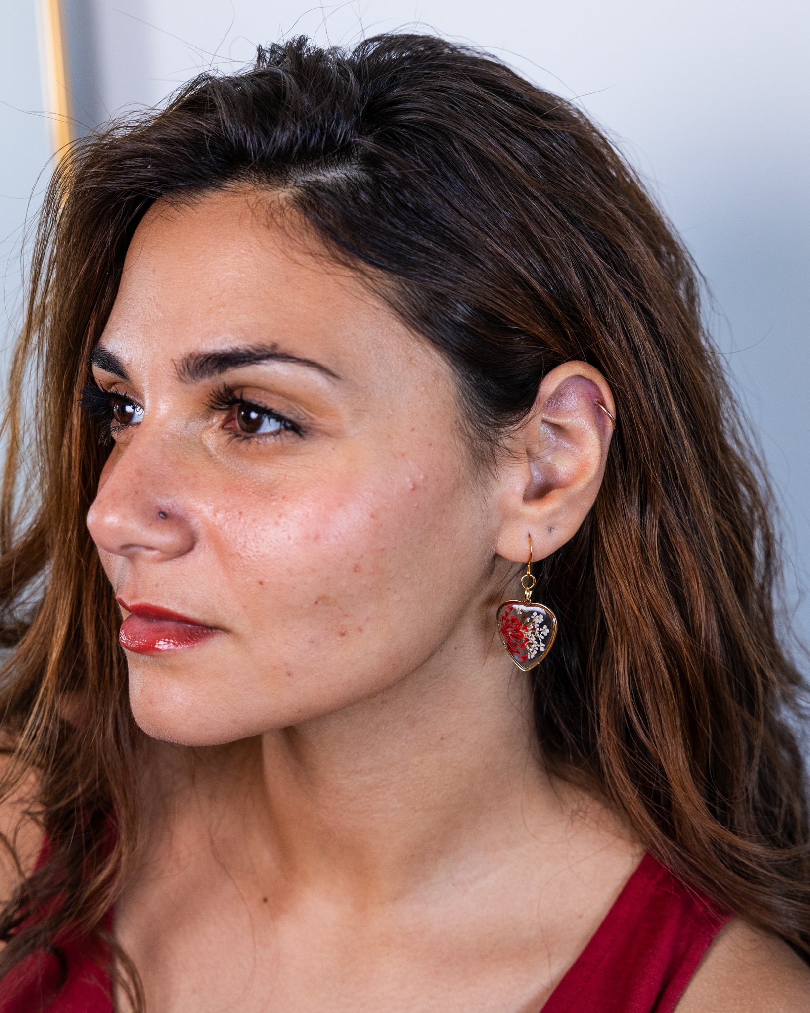 Handmade gold-plated clear heart-shaped earrings with red flowers - Earrings - VJ Designs