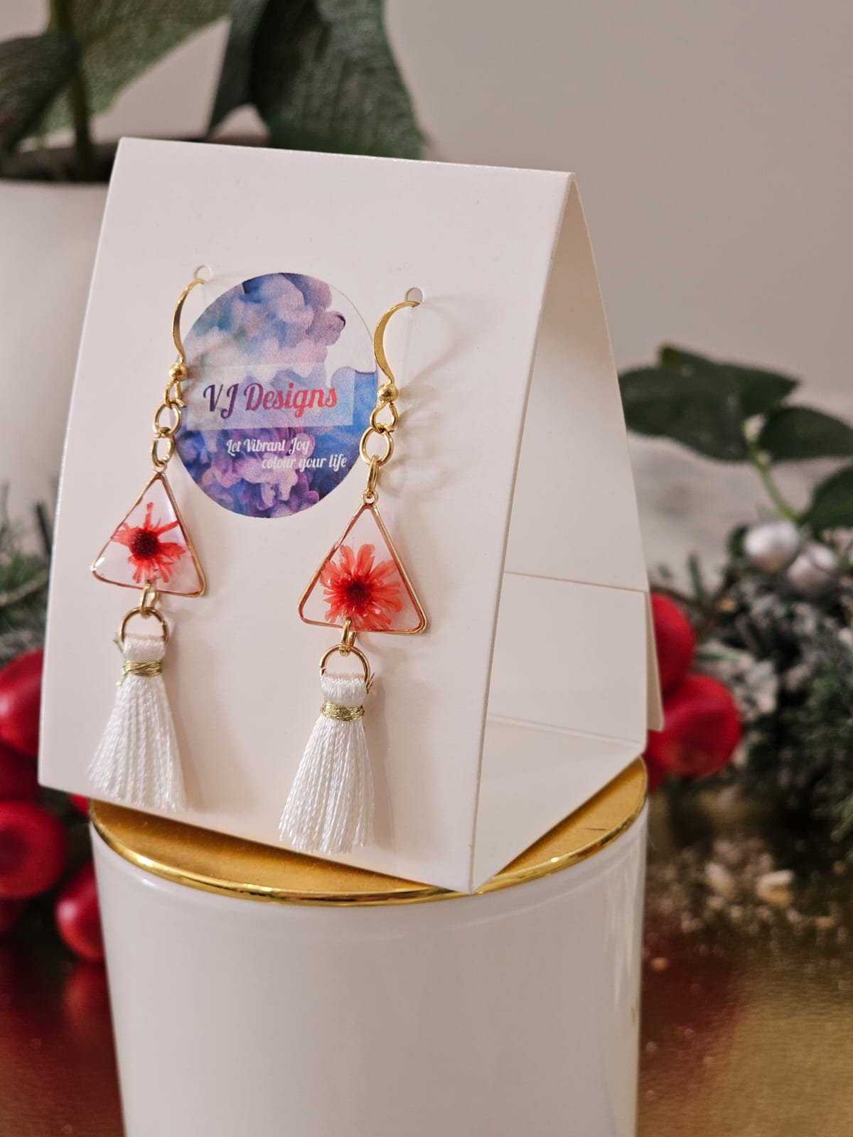 Gold-Plated red flowers Christmas earrings - Earrings - VJ Designs