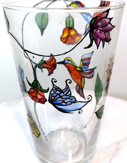 Personalised hand-painted glass vase with colourful parrots, flowers and butterflies. - VJ Designs