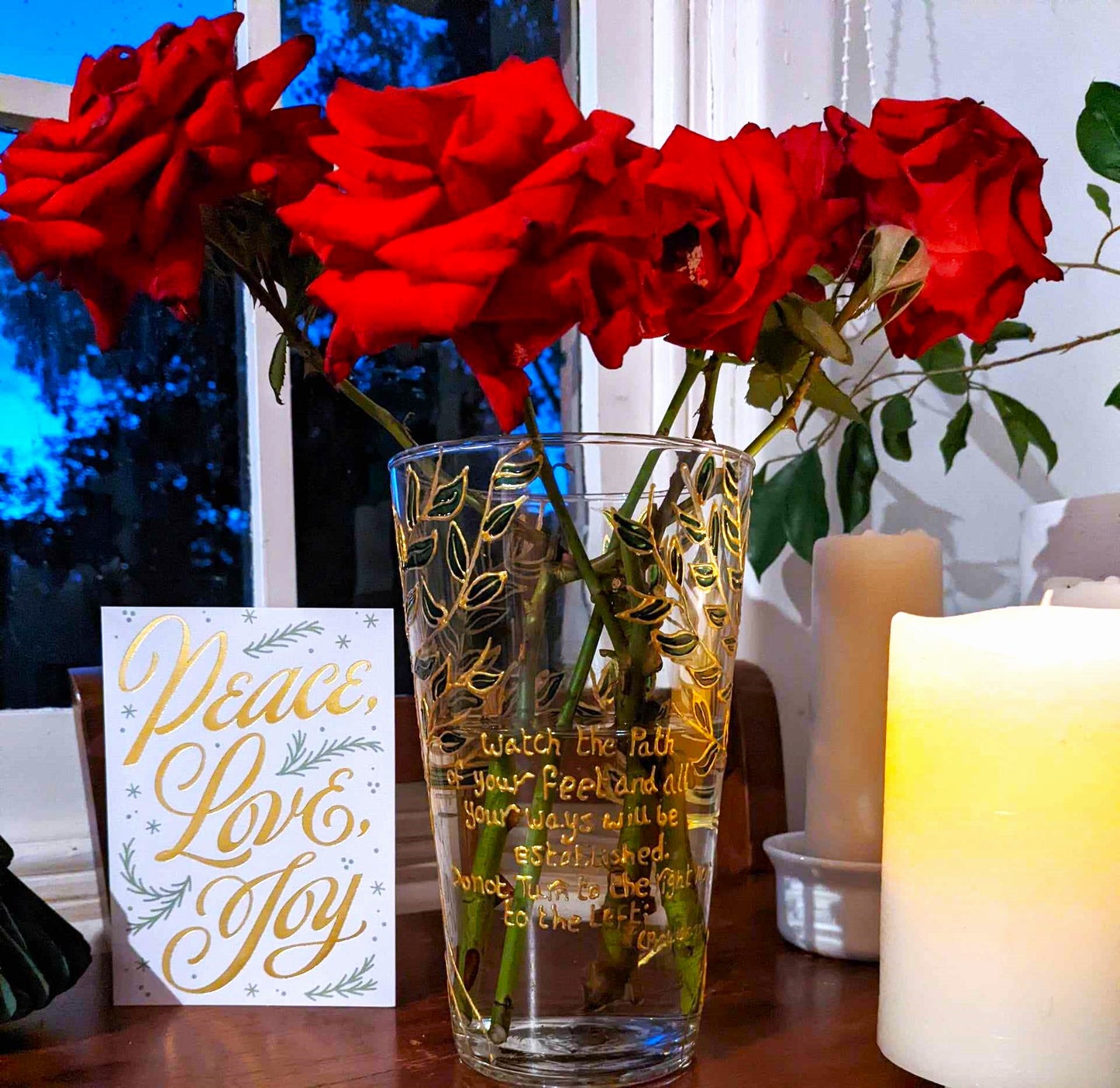 Personalised hand-painted glass vase with green and gold leaves - VJ Designs