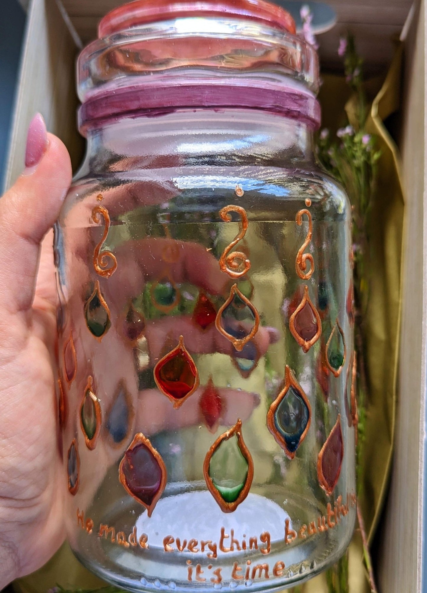 Personalised vibrant hand-painted glass jar (Dishwasher-safe) - jar - VJ Designs