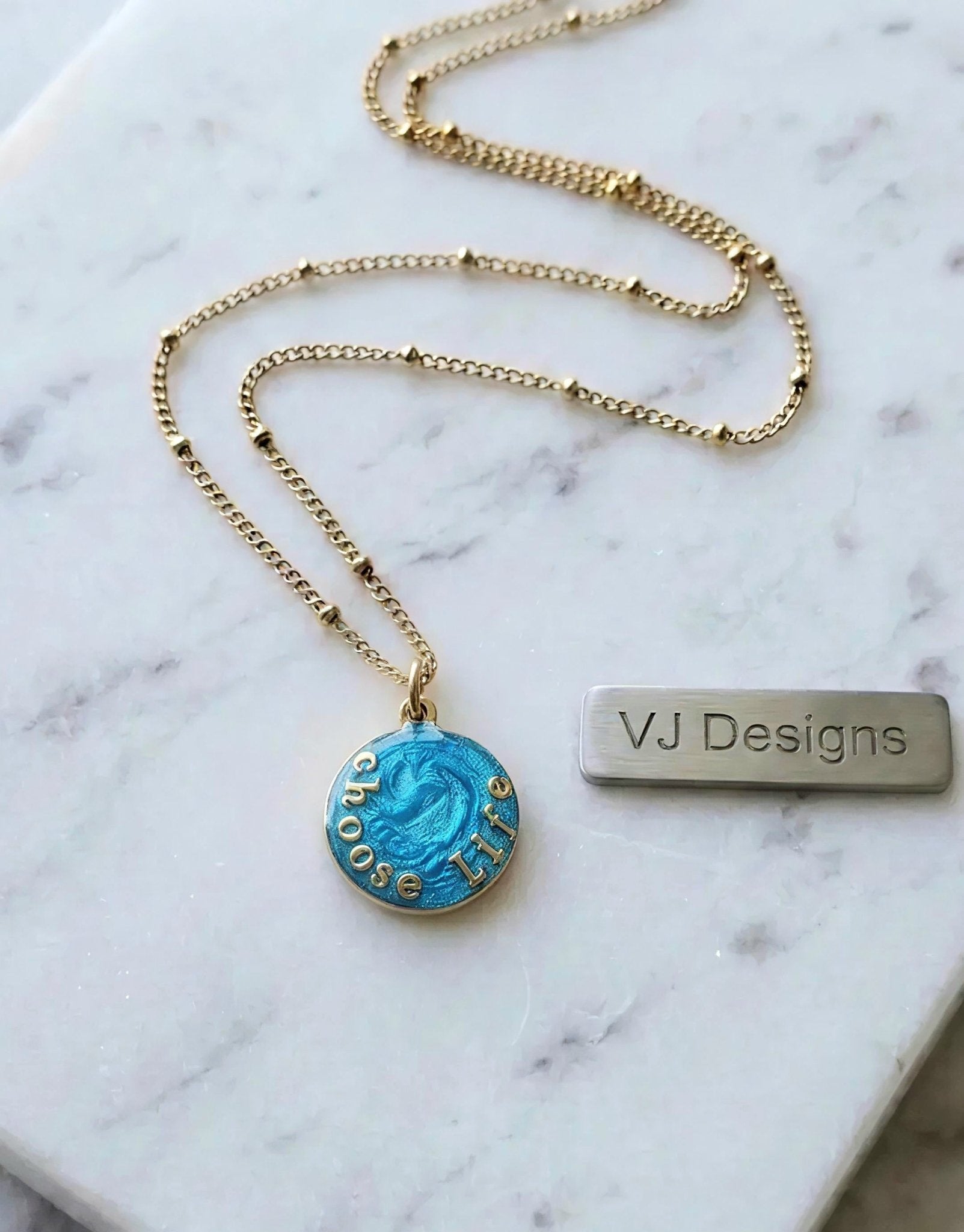 Choose Life Necklace — Gold | Sky blue Resin - Necklace - VJ Designs