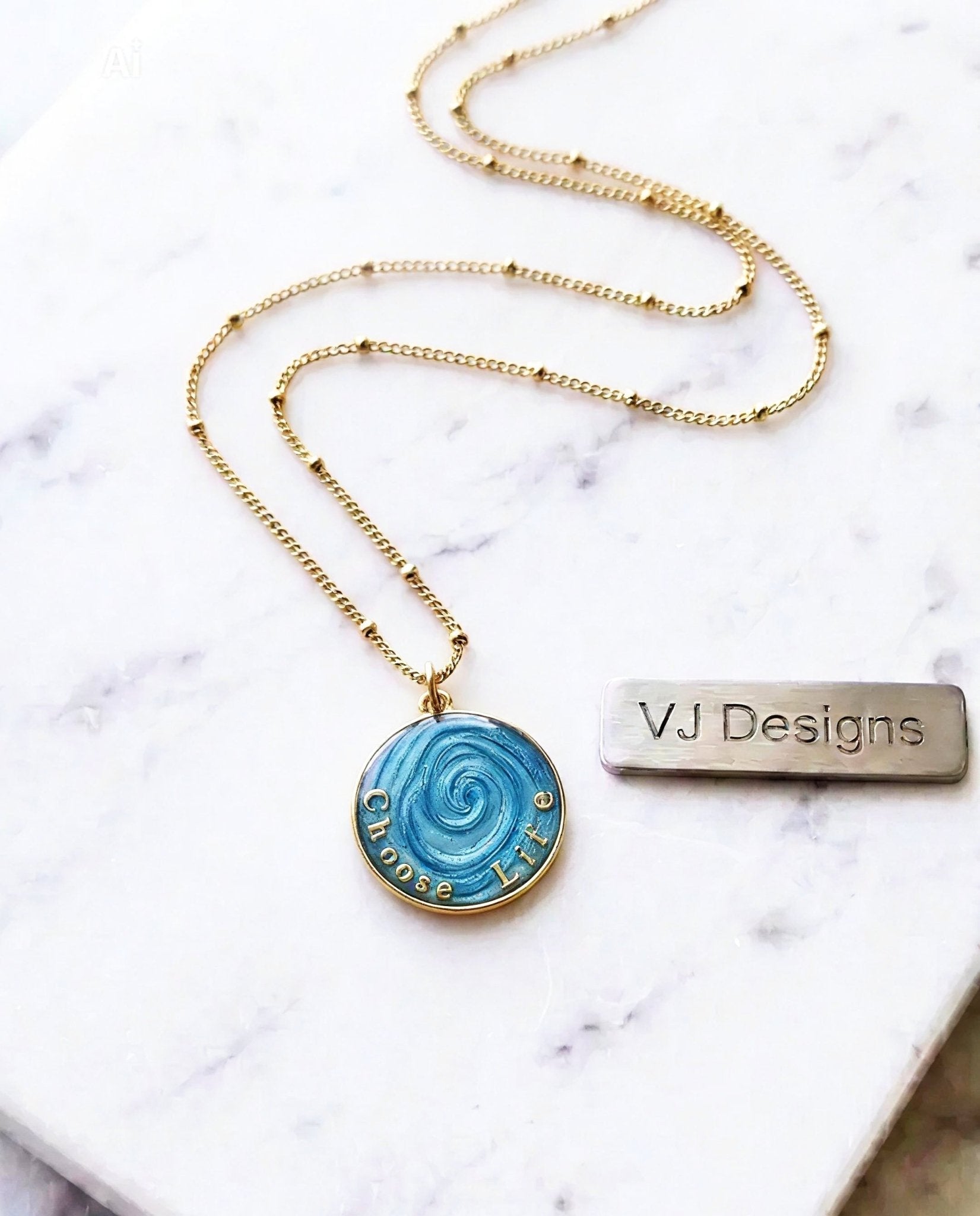 Choose Life Necklace — Gold | Sky blue Resin - Necklace - VJ Designs