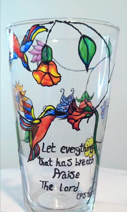 Personalised hand-painted glass vase with colourful parrots, flowers and butterflies.