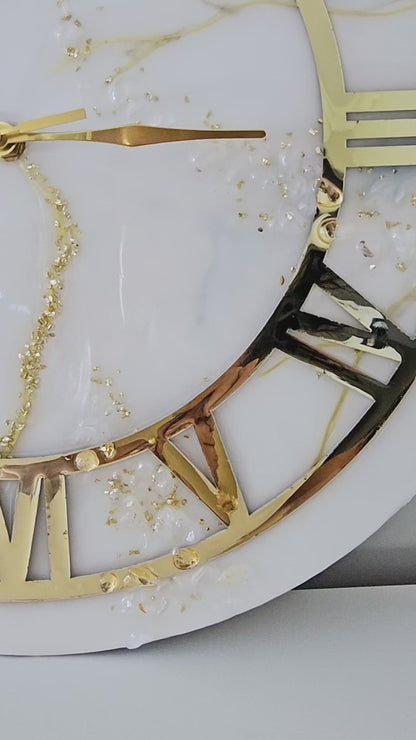 White and gold marble effect hand-crafted resin wall clock, with round golden ring